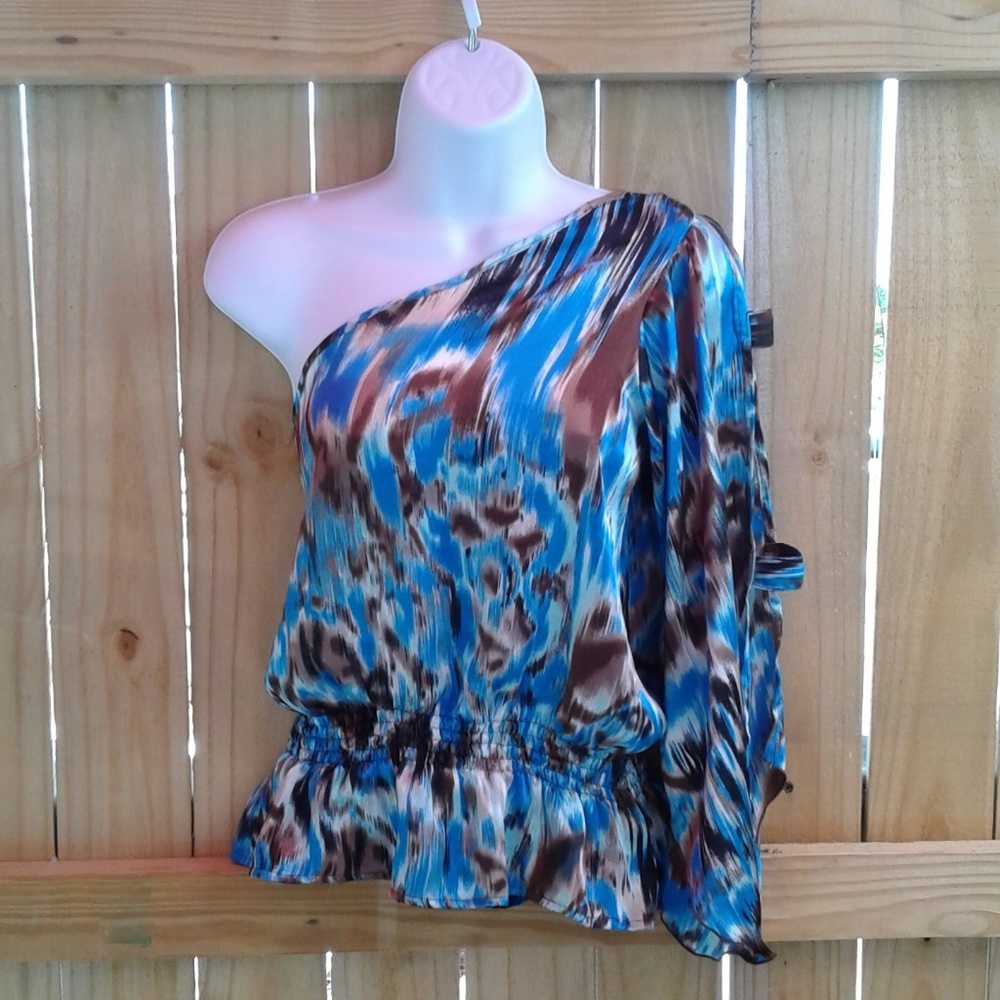 BLUE-BROWN ONE SHOULDER SHIRT